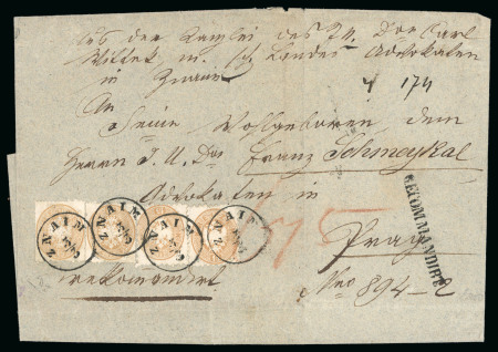 Stamp of Austria 1863 (March 3) Cover to Mähren, five 15kr brown eagles one to back sent from Znaïm in the Czech Republic unique 