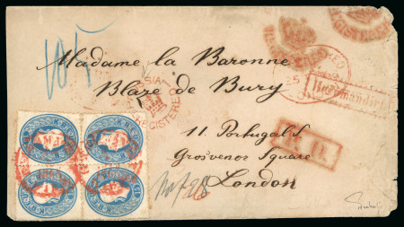Stamp of Austria 1863 Registered cover sent to London franked with a block of four 15kr blue, paying the registration fee 
