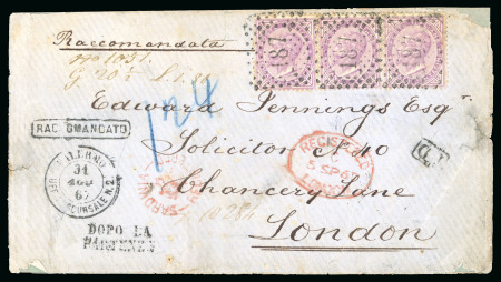 Stamp of Italy » Regno d'Italia 1867 Raccomandata per Londra con il rarissimo timbro "SARDINIA-REGISTERED"