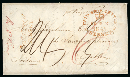 Stamp of Australia » New South Wales 1845 (Aug 29) Entire from Sydney to Dublin "pr Royal Fur" with two-line "Registered / SYDNEY" handstamp
