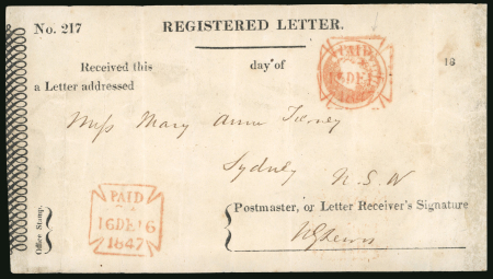 Stamp of Great Britain » Postal History 1847 (Dec 16) Receipt numbered 217 from the Charing Cross Office for a registered letter to Sydney