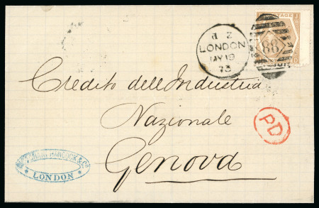 Stamp of Great Britain » 1855-1900 Surface Printed » 1867-80 Large Uncoloured Corner Letters, Wmk Spray of Rose 1873 (May 19) Entire to Genova bearing 6d chestnut pl.12 abnormal, neatly tied to cover
