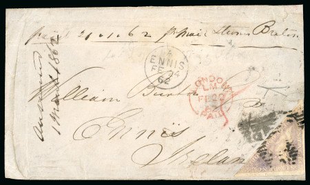 Stamp of South Africa » Cape of Good Hope 1862 (Jan 21) Cover to Ennis, Ireland, franked with 6d pale lilac, white paper, triangular scarce mail to Ireland