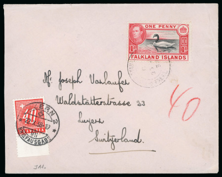 Stamp of Falkland Islands 1938 (July 21) Cover to Bern, Switzerland, franked George VI 1d black and carmine, charged 40c postage due