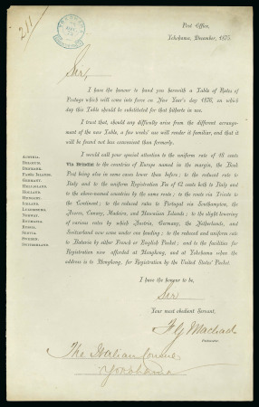 Stamp of Japan 1875 (Dec 23) Postal Notice from Italian Postmaster Yokohama Japan to Italian Consul with blue consular datestamp,