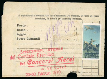 Stamp of Italy » Regno d'Italia » Posta Aerea Bolletta di spedizione con timbro rosso a cinque righe dei Concorsi Aerei di Verona del 1910