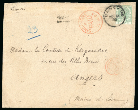 Stamp of British P.O. in Siam (Bangkok) 1883 (Oct 13) Envelope from the French Consulate in Bangkok to France with 1882-85 wmk CC 24c tied by a Bangkok cds