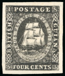 Stamp of British Guiana 1853-55 4c black imperf. plate proof with retouch above value variety and flawed second A of GUIANA