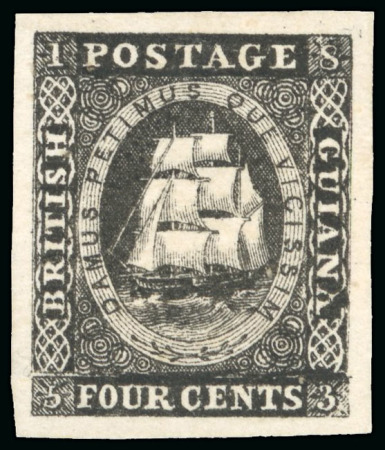 Stamp of British Guiana 1853-55 4c black imperf. plate proof with retouch above value variety and flawed second A of GUIANA