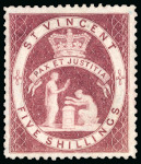 Stamp of St. Vincent 1880 5s perf.12 plate proof in the issued colour on wmk Crown CA paper