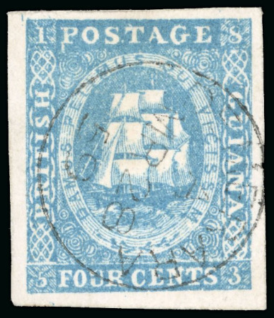 Stamp of British Guiana 1853-55 4c pale blue imperf. with very good to large margins, with light and clear strike of the Demerara cds