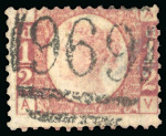 Stamp of Cyprus » British Post Offices 1878-80 1/2d rose-red pl. 19 AV, cancelled by the "969" Nicosia unlisted on this plate