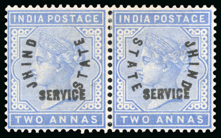 Stamp of Indian States » Jind (Convention State) 1885 Official 2a dull blue showing variety "JHIND STATE" overprint inverted in mint l.h. se-tenant pair with normal