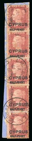 Stamp of Cyprus » Overprinted Stamps of Great Britain 1881 1d red pl. 215, vertical strip of five tied to small piece by the a Larnaca cds dated JU 1 81, first day of issue