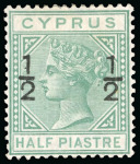 Stamp of Cyprus » Queen Victoria Keyplate Issues 1882 1/2 on 1/2pi emerald-green, wmk CC, mint, "spur on 1" variety of surcharge,