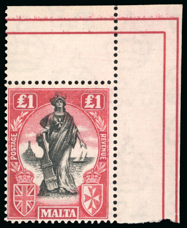 Stamp of Malta 1925 £1 black and bright carmine, wmk upright, top corner marginal, mint n.h., superb example. 