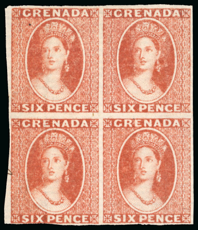 Stamp of Grenada 1861-62 6d orange-red, imperforate plate proof, no wmk, block of four, printed on horizontal laid paper,