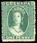 Stamp of Grenada 1861-62 1d blue-green, no wmk, rough perf 14 to 16, no wmk, three used examples, cancelled by the A15