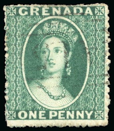 Stamp of Grenada 1861-62 1d blue-green, no wmk, rough perf 14 to 16, no wmk, three used examples, cancelled by the A15
