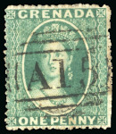Stamp of Grenada 1861-62 1d blue-green, no wmk, rough perf 14 to 16, no wmk, three used examples, cancelled by the A15