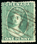 Stamp of Grenada 1861-62 1d blue-green, no wmk, rough perf 14 to 16, no wmk, three used examples, cancelled by the A15