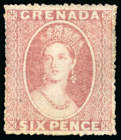 Stamp of Grenada 1861-62 6d rose, no wmk, rough perf 14 to 16, mint, regummed, fine example scarce stamp in unused condition