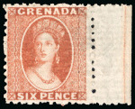 Stamp of Grenada 1861-62 6d vermilion-lake, no wmk, trail perf 11 to 12 1/2, printed on laid paper, sheet marginal, mint,