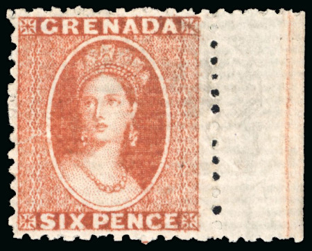 Stamp of Grenada 1861-62 6d vermilion-lake, no wmk, trail perf 11 to 12 1/2, printed on laid paper, sheet marginal, mint,