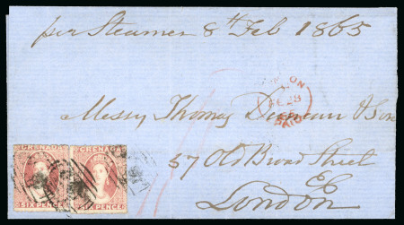Stamp of Grenada 1865 (Feb 8) Cover sent to London, franked with horizontal pair of 6d rose tied to cover to London