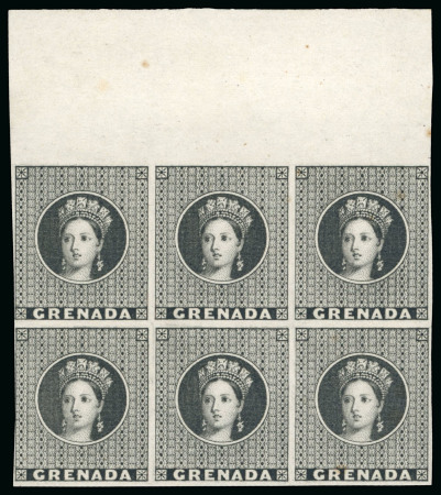 Stamp of Grenada 1875 Chalon Fiscal Head stamp plate proof in black, printed on stout wove paper, a marginal block of six