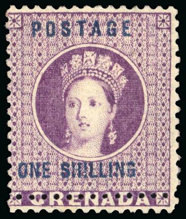 Stamp of Grenada 1875 1s deep-mauve, perf 14, wmk large star, mint, double perforation variety at base, damage "G" 