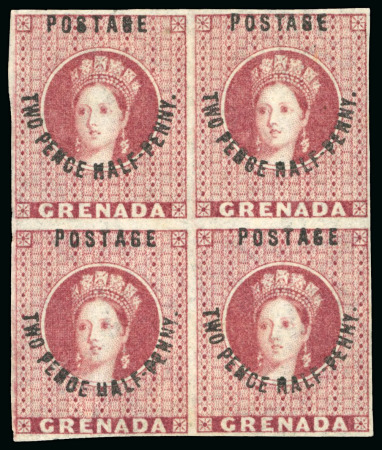 Stamp of Grenada 1881 2 1/2d rose-lake, revenue stamps surcharged, wmk large star, variety imperforate block of four