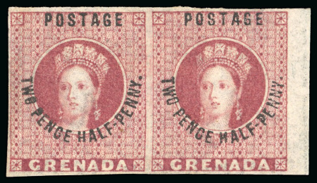 Stamp of Grenada 1881 2 1/2d rose-lake, revenue stamps surcharged, wmk large star, variety imperforate marginal pair, mint, 
