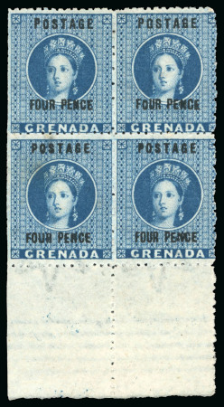 Stamp of Grenada 1881 4d blue revenue stamps surcharged issue, wmk large star, perf 14 1/2, mint, marginal block of four