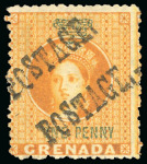 Stamp of Grenada 1883 Half on 1d orange, revenue stamps handstamped "Postage" twice diagonally, unsevered pair, mint, 