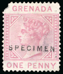 Stamp of Grenada 1881 1d rose and 1d mauve De La Rue definitive issue essays, with Grenada and One Penny, overprinted Specimen
