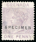 Stamp of Grenada 1881 1d rose and 1d mauve De La Rue definitive issue essays, with Grenada and One Penny, overprinted Specimen