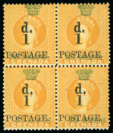 Stamp of Grenada 1886 1d on 1 1/2d orange and 1d on 1s orange, revenue stamps surcharged, mint, blocks of four