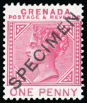 Stamp of Grenada 1887 1d carmine, perf 14, wmk crown CA inverted, overprinted Specimen diagonally, crisp colour, 