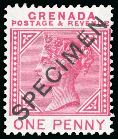 Stamp of Grenada 1887 1d carmine, perf 14, wmk crown CA inverted, overprinted Specimen diagonally, crisp colour, 