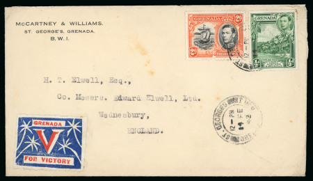 Stamp of Grenada 1942 (Feb 14) Cover to Wednesbury, George VI 1/2d green and 2d orange "Grenada/For Victory" red and blue label