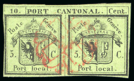 Stamp of Switzerland / Schweiz » Kantonalmarken » Genf 1843 Kantonalpost Genf, 5c + 5c „Doppeltgenf“ mit SELTENER UMDRUCKFEHLER ABART „linke Hälfte mit verschmierter Randlinie unter „Port“ und strich unter „t““ 