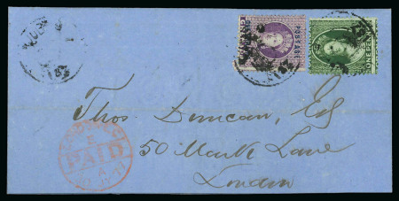 Stamp of Grenada 1877-83 Two covers mounted to an album page 1877 (July 9) large part entire and 1884 (Feb 27) cover to London
