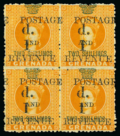 Stamp of Grenada 1888-91 A small study 1d on 2s orange predominately, including a mint block of four 
