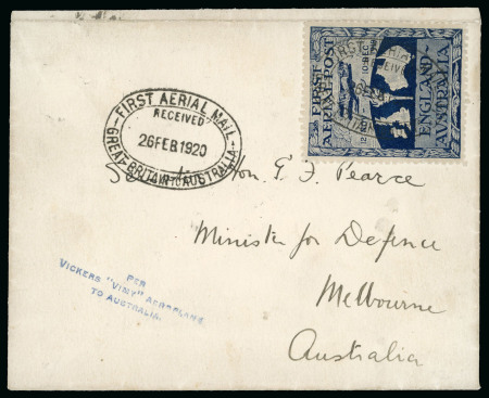 Stamp of Australia » Commonwealth of Australia 1920 (Feb 26) Air Mail First Flight cover, Ross Smith England to Australia envelope to Melbourne, one of very few