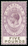 Stamp of Gibraltar 1925-32 £5 violet and black, wmk multiscript CA, perf 14, chalk paper, mint, fresh colour, cert. 