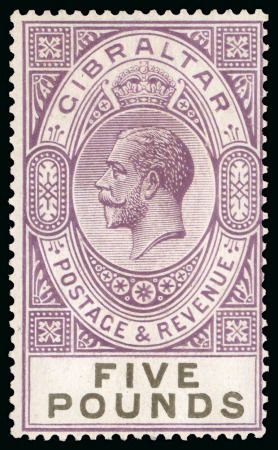 Stamp of Gibraltar 1925-32 £5 violet and black, wmk multiscript CA, perf 14, chalk paper, mint, fresh colour, cert. 