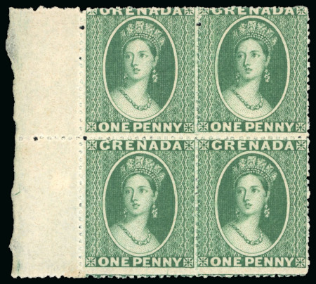 Stamp of Grenada 1862 1d green, no wmk, rough perf 14 to 16, mint n.h. (mounted in margin), block of four,