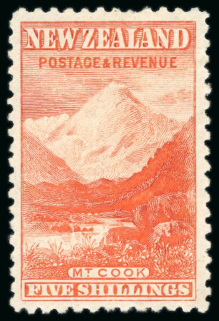Stamp of New Zealand 1899 5s vermilion Mount Cook, no wmk, perf 11, mint, fresh colour, nicely centred,