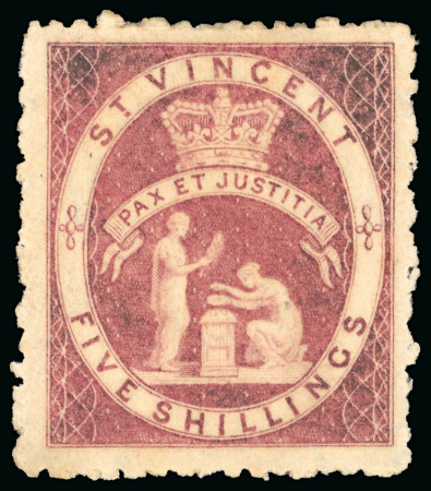 Stamp of St. Vincent 1880 5s rose-red, wmk small star sideway, perf 11 to 12 1/2, mint, very nicely centred, 